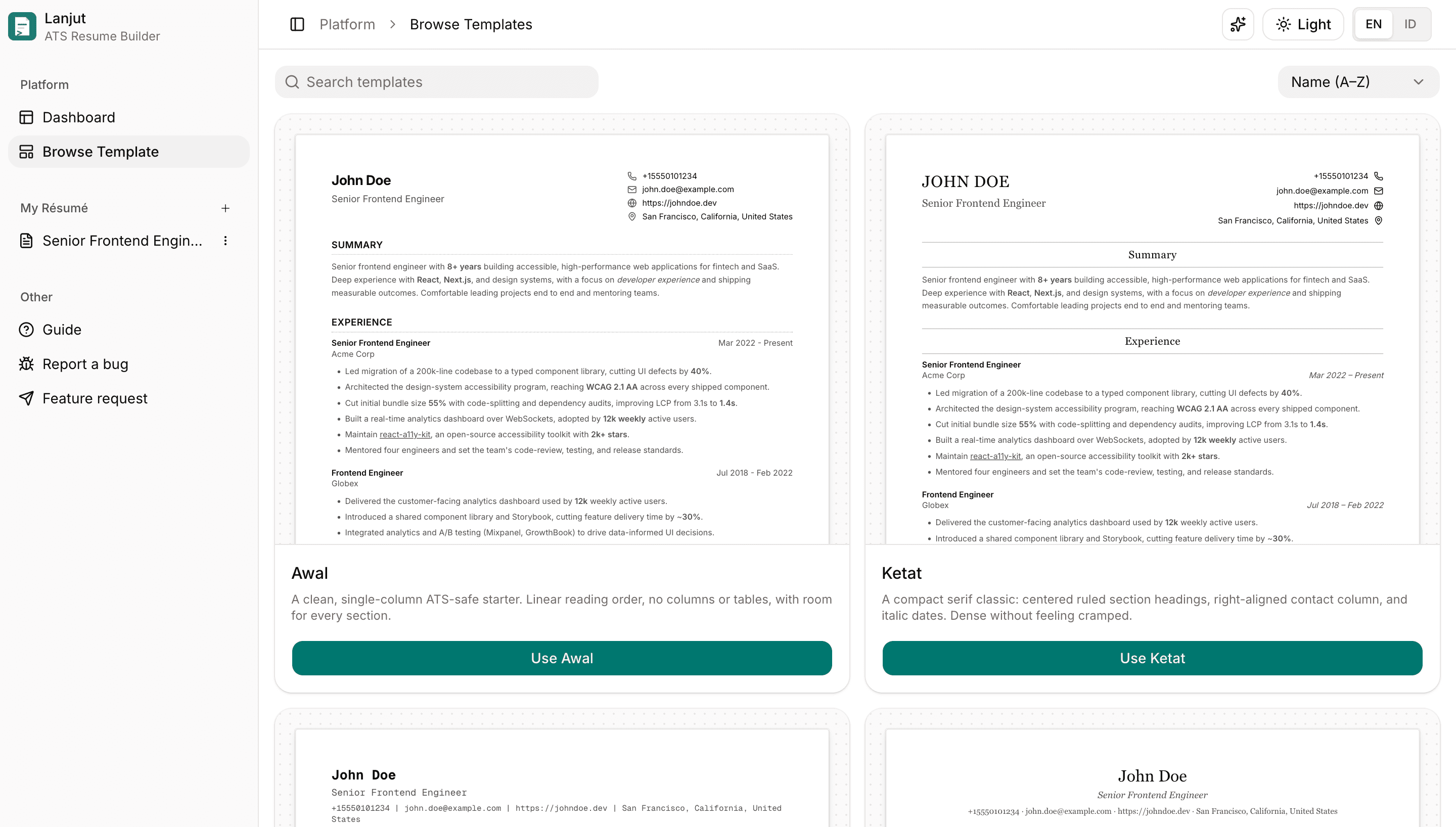The Lanjut template gallery showing the same resume in different typographic styles
